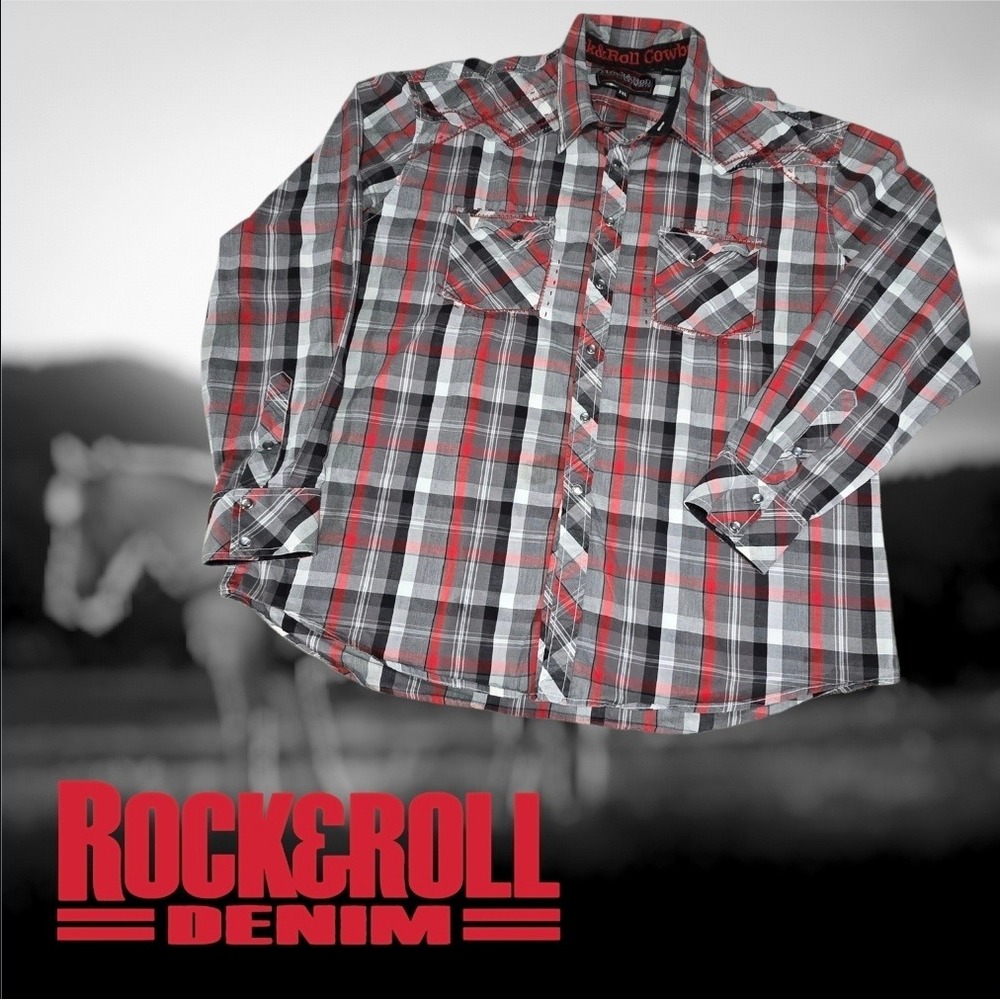 Rock & Roll Cowboy Mens Plaid Pearl Snap Whipstitch Western Shirt Red Black XXL
